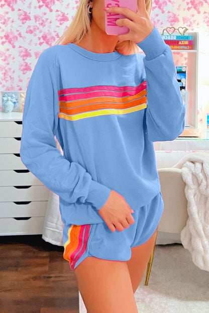 Striped Accent Pullover & Shorts Two-Piece Set