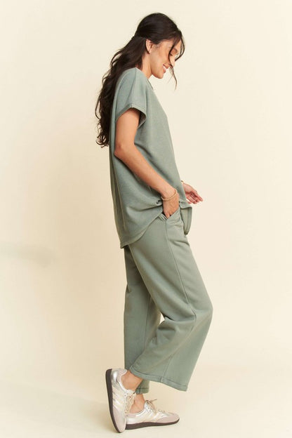 Olive Sage Two-Piece Round Neck Short Sleeve Top and Pants Set