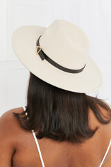 Beige Fedora with Black Belt and Gold Triangle Buckle