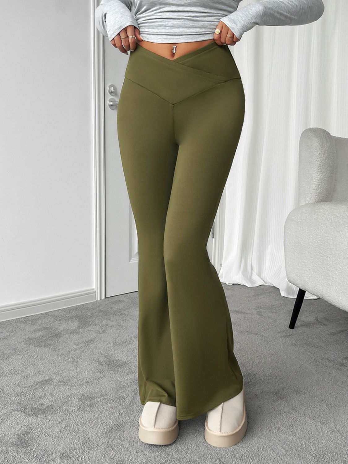 Stretch Cross-Waist Flare Pants