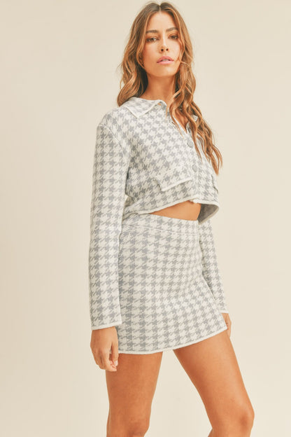 Slate Blue Houndstooth Cropped Knit Cardigan and Mini Skirt Set