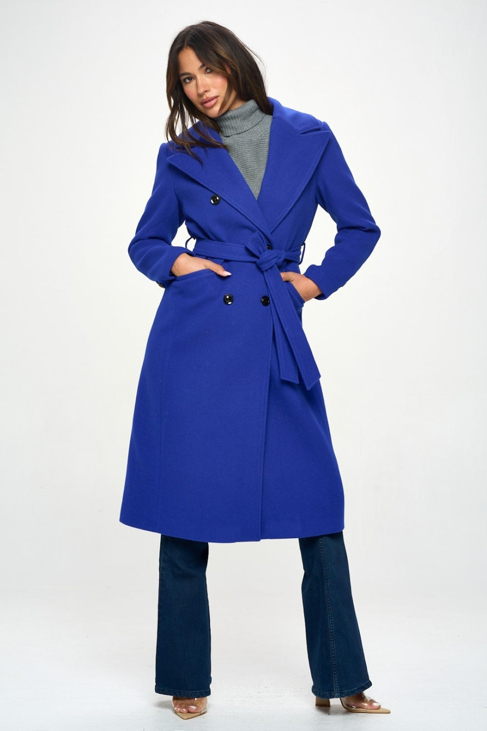 Coalition LA Royal Blue Double-Breasted Longline Belted Coat