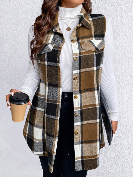 Plus Size Pocketed Plaid Button-Up Vest