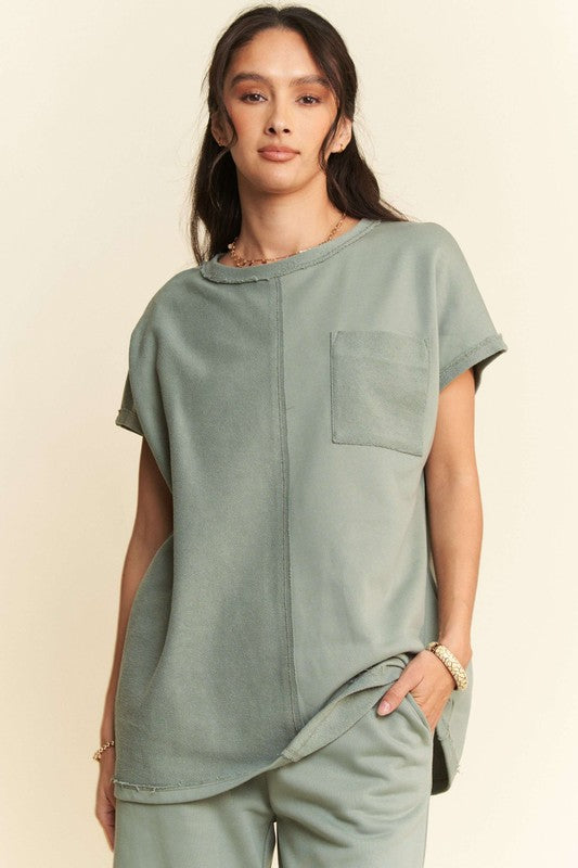 Olive Sage Two-Piece Round Neck Short Sleeve Top and Pants Set