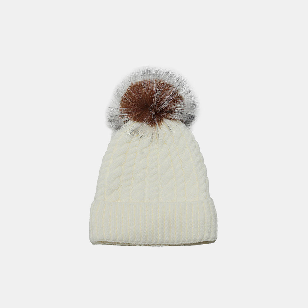 Cable Knit Winter Hat with Faux Fur Pom Pom