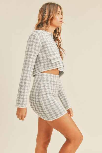 Slate Blue Houndstooth Cropped Knit Cardigan and Mini Skirt Set