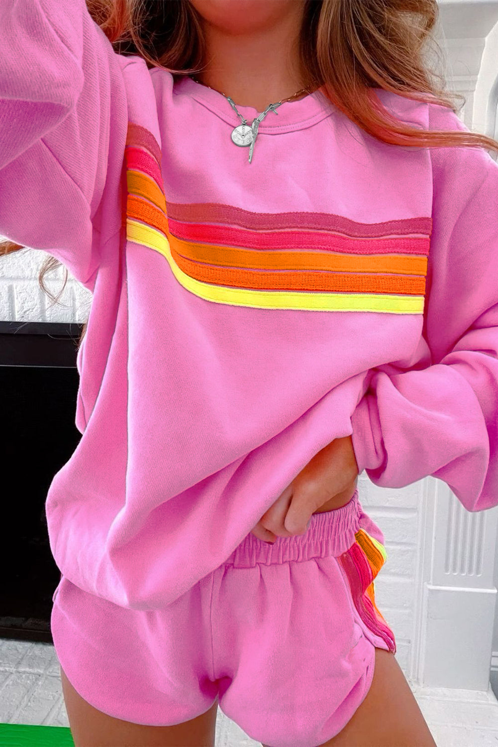 Striped Accent Pullover & Shorts Two-Piece Set
