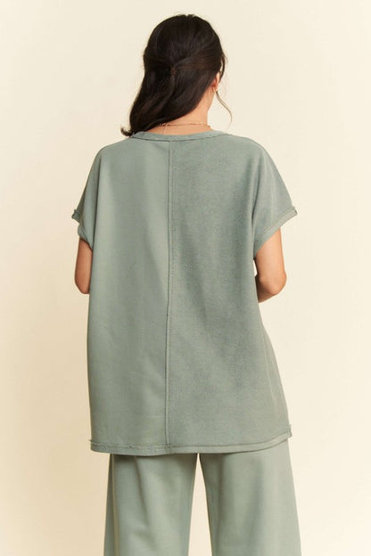 Olive Sage Two-Piece Round Neck Short Sleeve Top and Pants Set