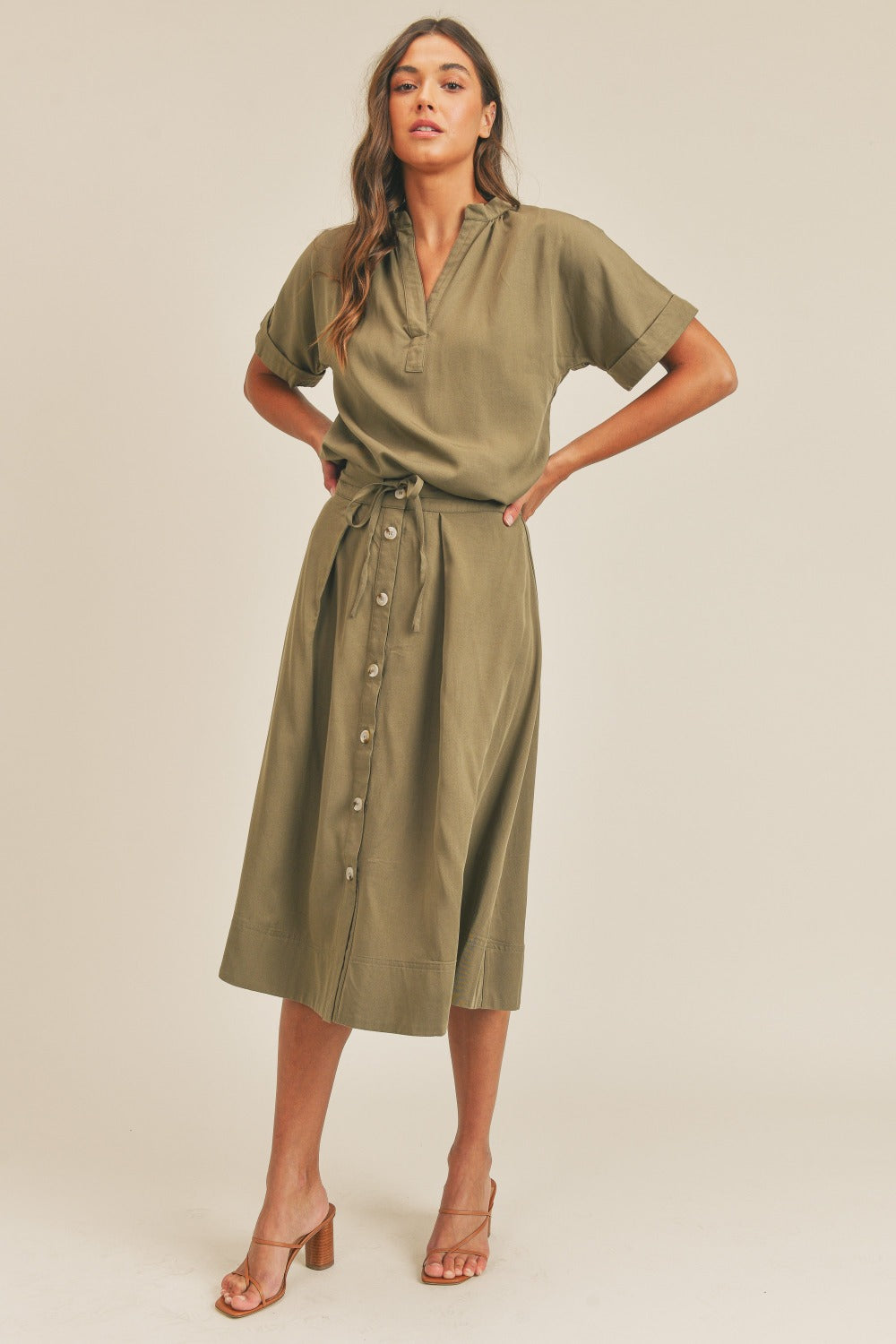 Olive Utility-Inspired Short Sleeve Top and Button-Down Midi Skirt Set