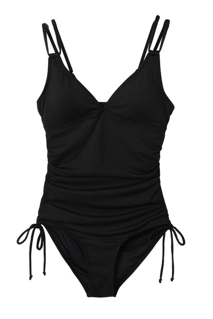 Black Adjustable Straps Ribbed Knit One-Piece Swimsuit
