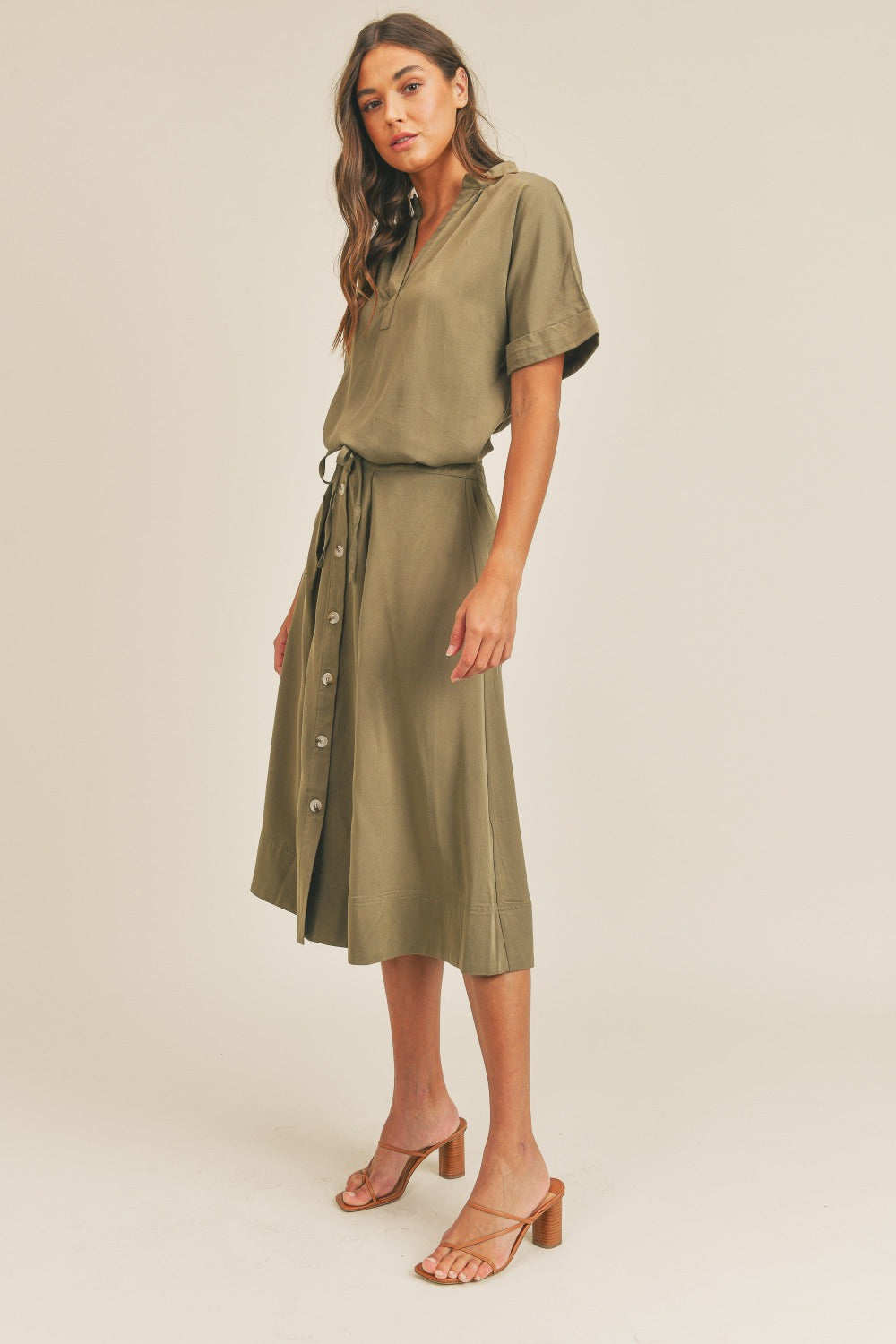 Olive Utility-Inspired Short Sleeve Top and Button-Down Midi Skirt Set