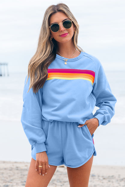 Striped Accent Pullover & Shorts Two-Piece Set