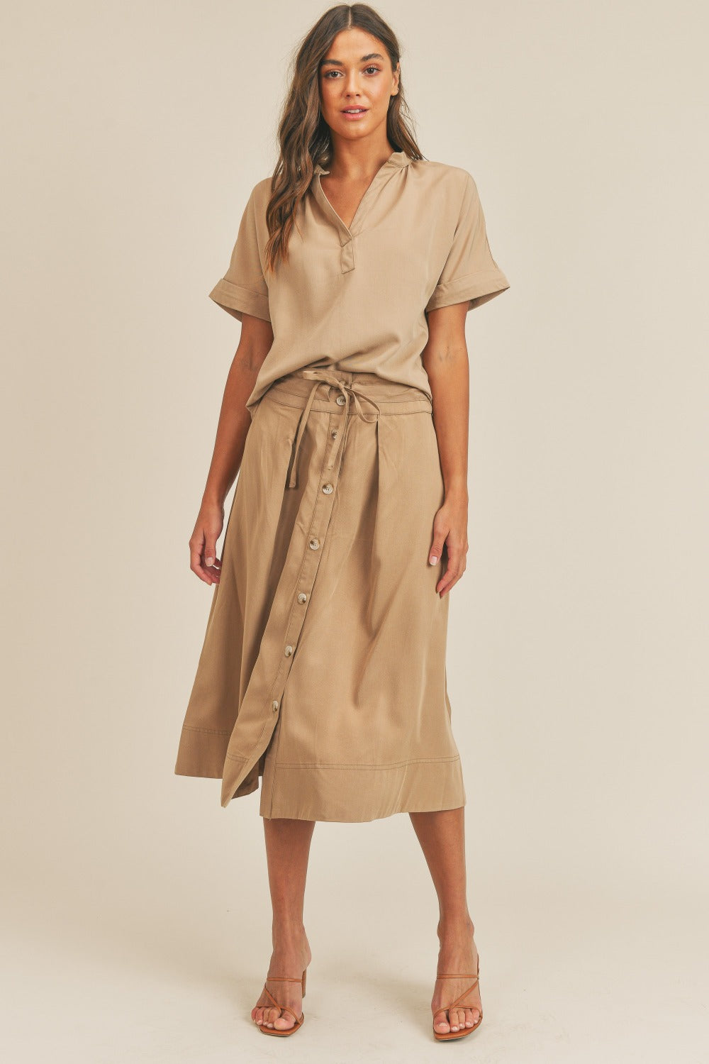 Taupe Utility-Inspired Short Sleeve Top and Button-Down Midi Skirt Set