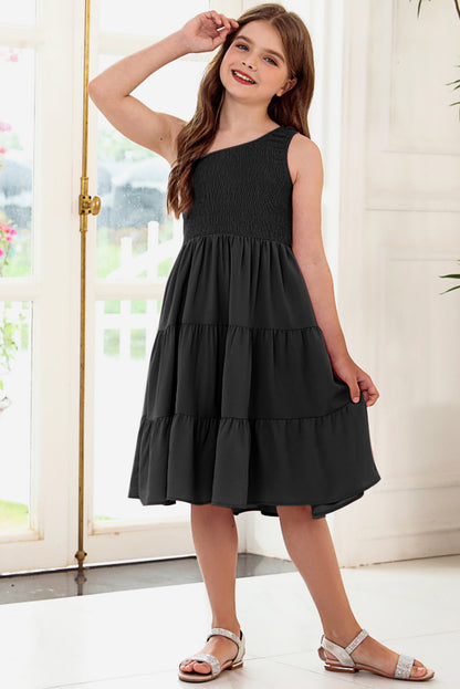 One-Shoulder Smocked Tiered Midi Dress for Girls