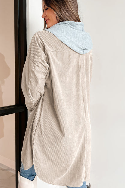 Textured Button-Up Hooded Long Sleeve Jacket