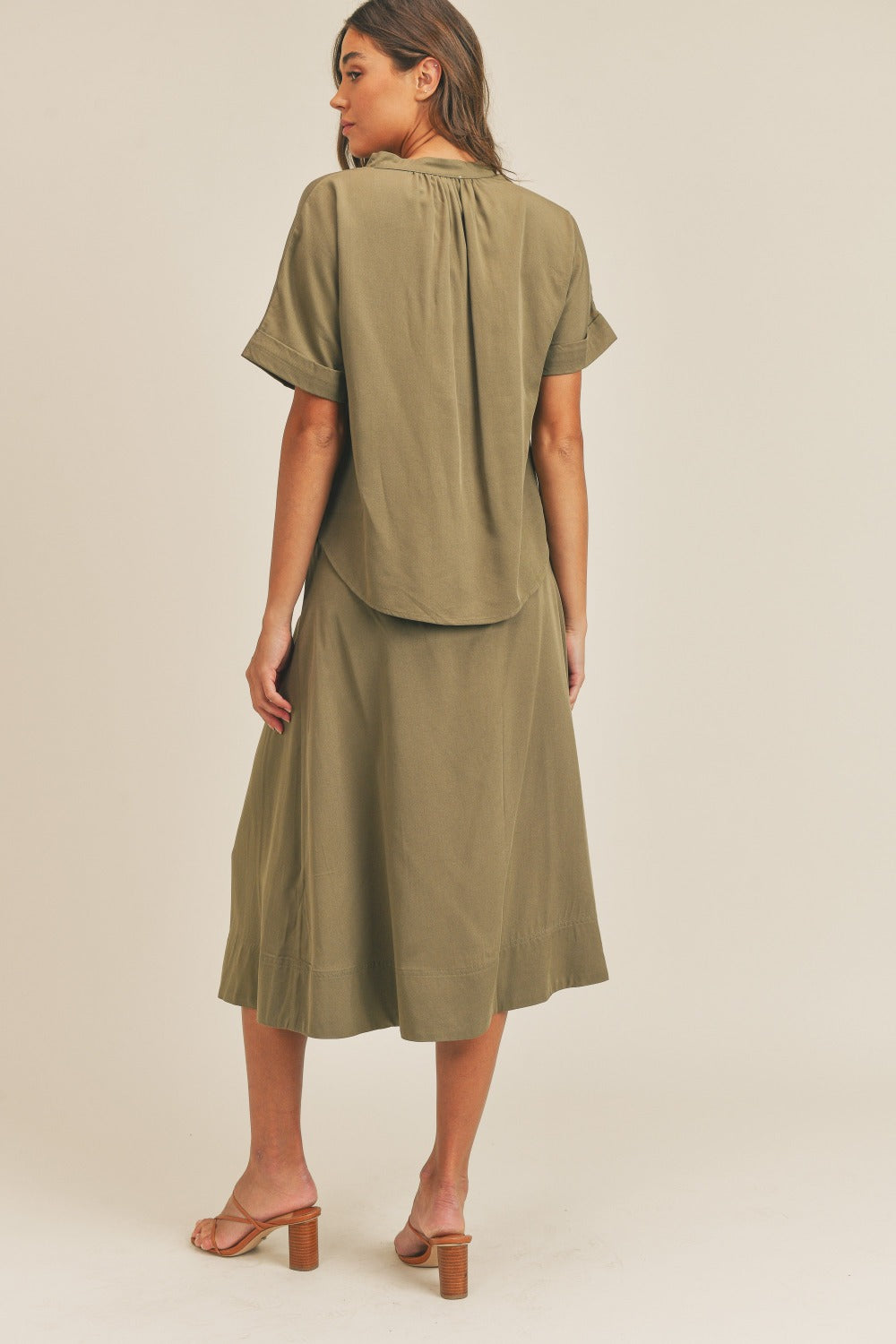 Olive Utility-Inspired Short Sleeve Top and Button-Down Midi Skirt Set