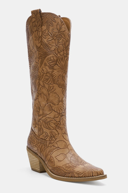 Embossed Floral Point Toe Block Heel Cowboy Boots