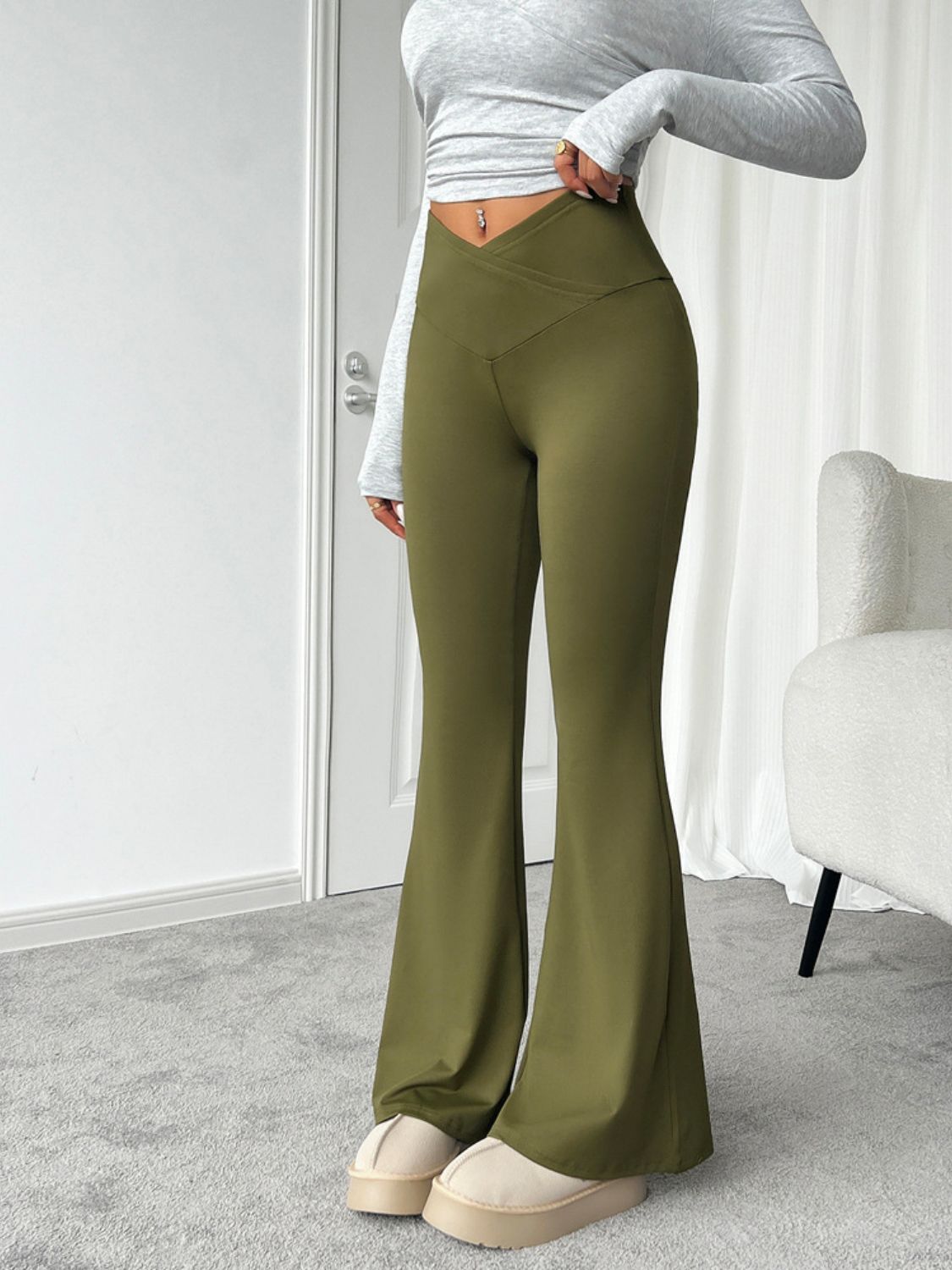 Stretch Cross-Waist Flare Pants