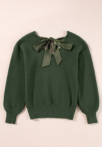 Bow-Tied Back V-Neck Knit Sweater