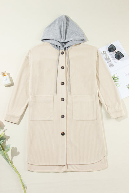 Textured Button-Up Hooded Long Sleeve Jacket