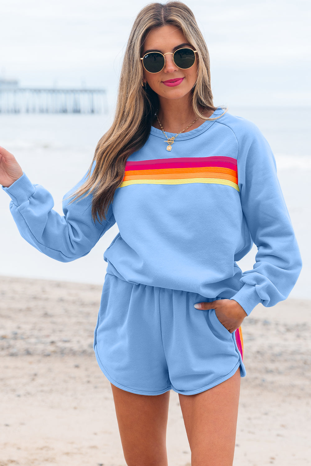 Striped Accent Pullover & Shorts Two-Piece Set