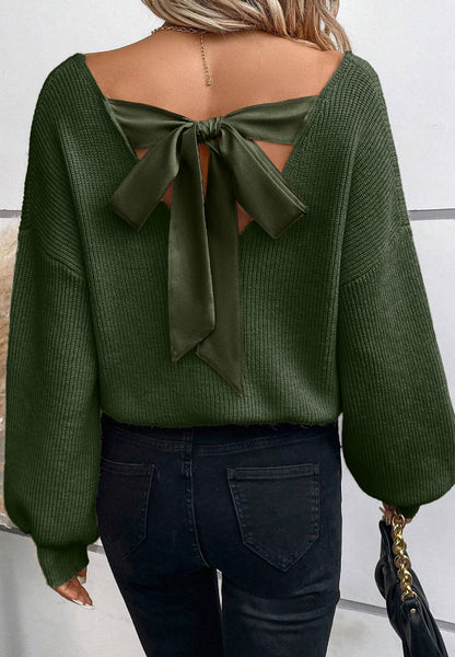 Bow-Tied Back V-Neck Knit Sweater