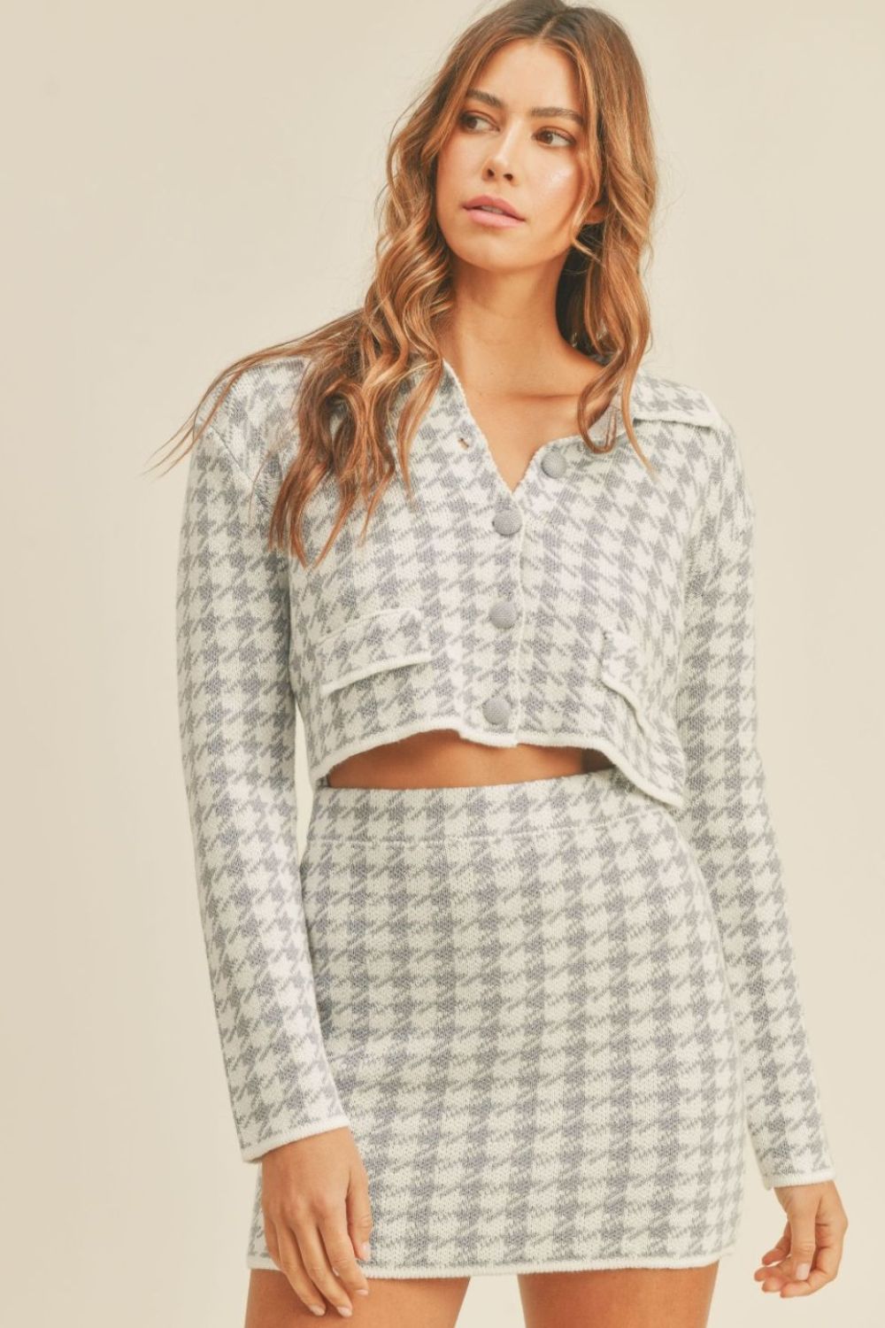 Slate Blue Houndstooth Cropped Knit Cardigan and Mini Skirt Set