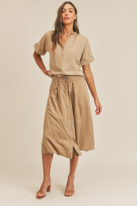 Taupe Utility-Inspired Short Sleeve Top and Button-Down Midi Skirt Set