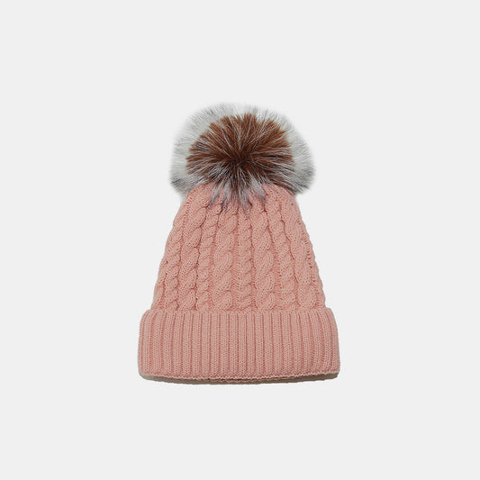 Cable Knit Winter Hat with Faux Fur Pom Pom