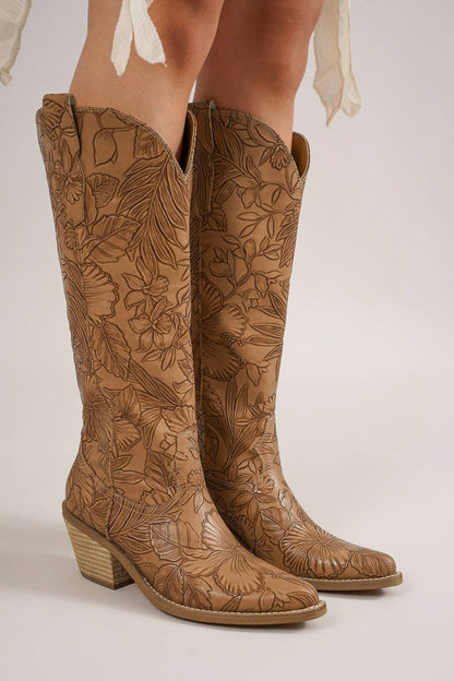 Embossed Floral Point Toe Block Heel Cowboy Boots