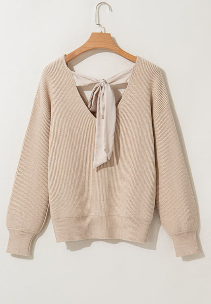 Bow-Tied Back V-Neck Knit Sweater