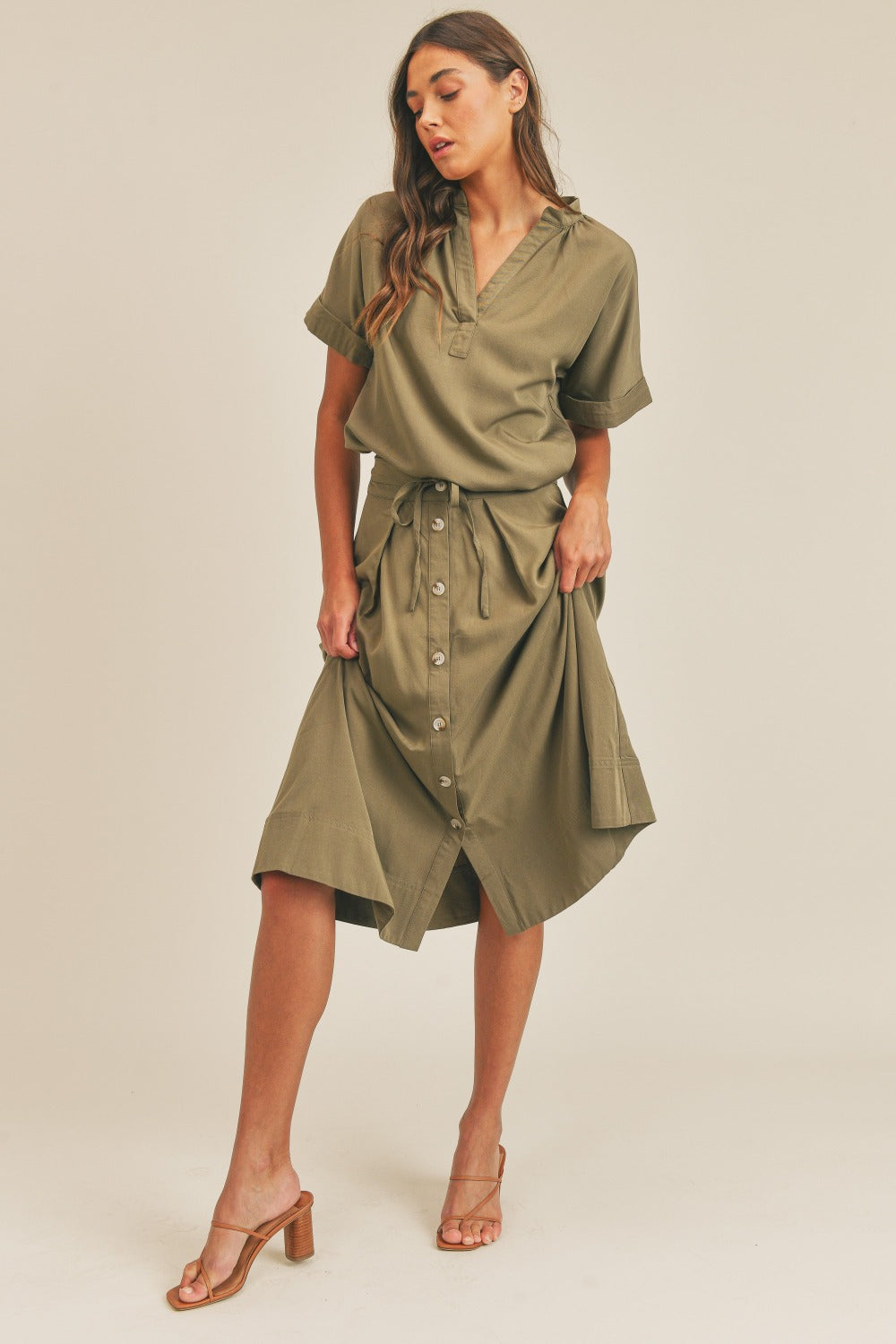 Olive Utility-Inspired Short Sleeve Top and Button-Down Midi Skirt Set