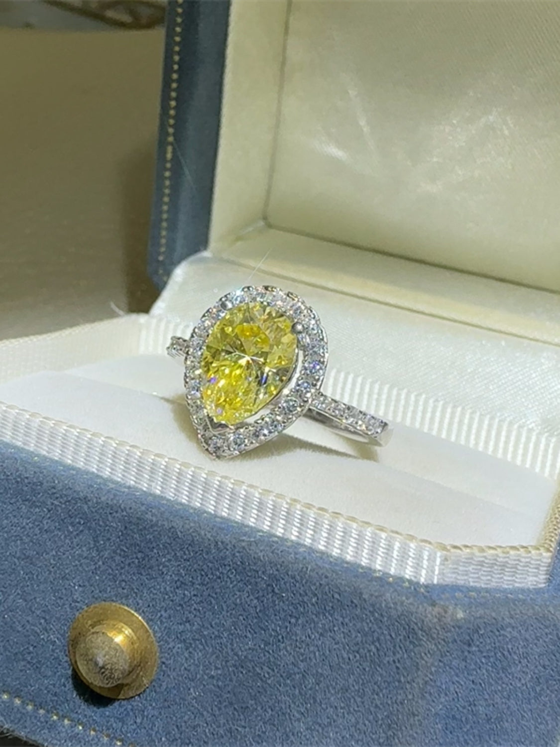 2 Carat Moissanite Platinum-Plated Sterling Silver Yellow Teardrop Halo Ring