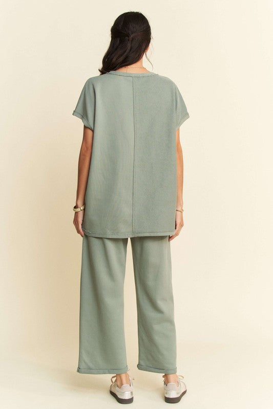 Olive Sage Two-Piece Round Neck Short Sleeve Top and Pants Set