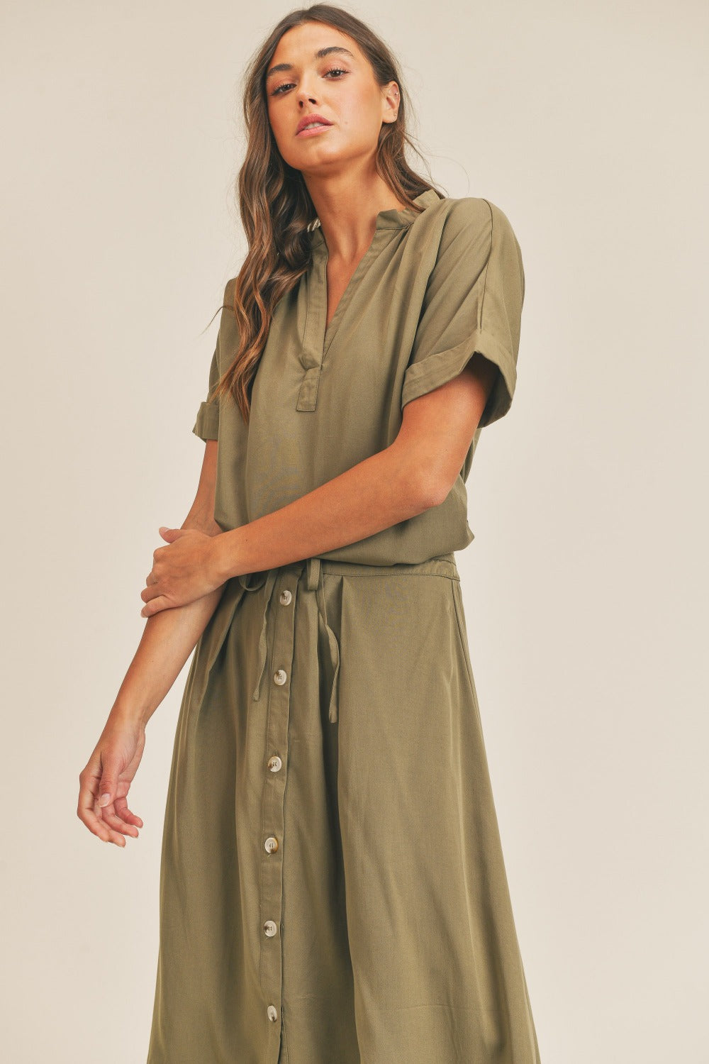 Olive Utility-Inspired Short Sleeve Top and Button-Down Midi Skirt Set