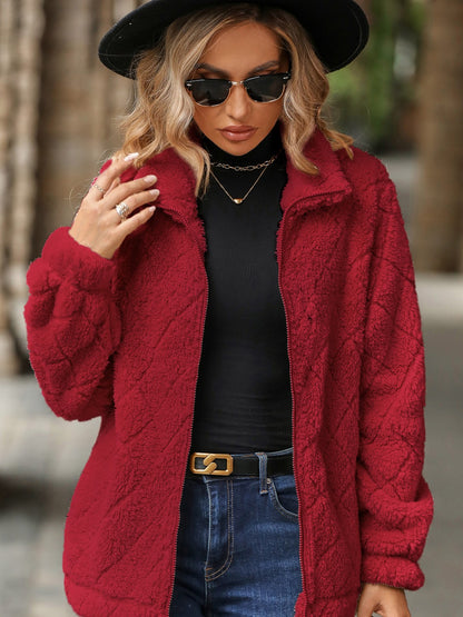 Diamond-Textured Fuzzy Zip-Up Jacket