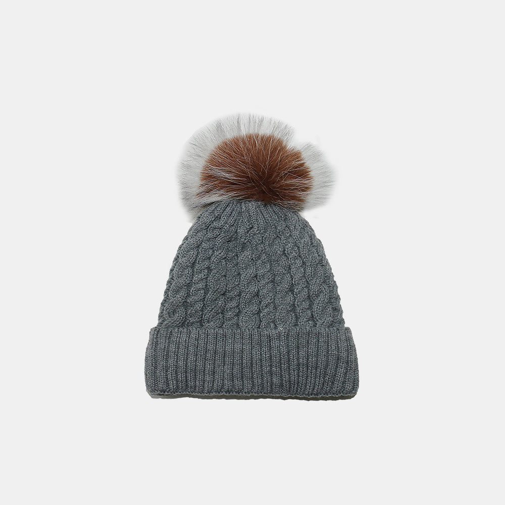 Cable Knit Winter Hat with Faux Fur Pom Pom