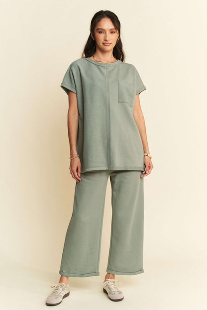 Olive Sage Two-Piece Round Neck Short Sleeve Top and Pants Set