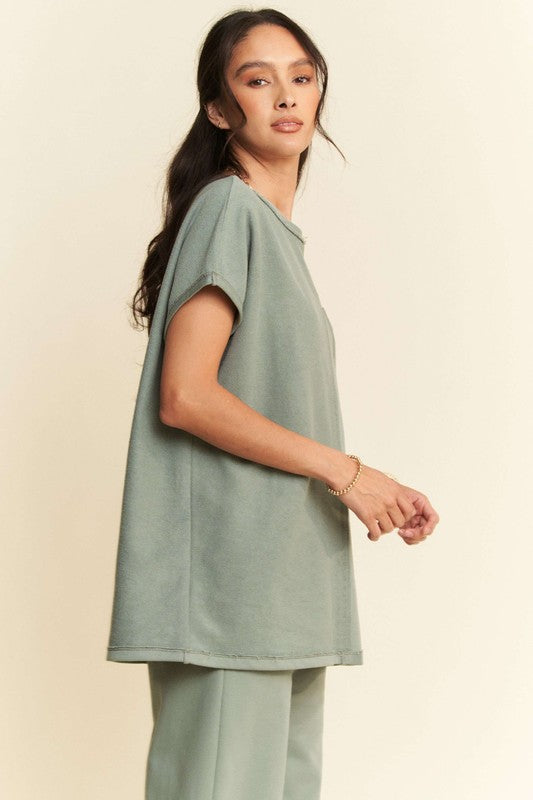 Olive Sage Two-Piece Round Neck Short Sleeve Top and Pants Set