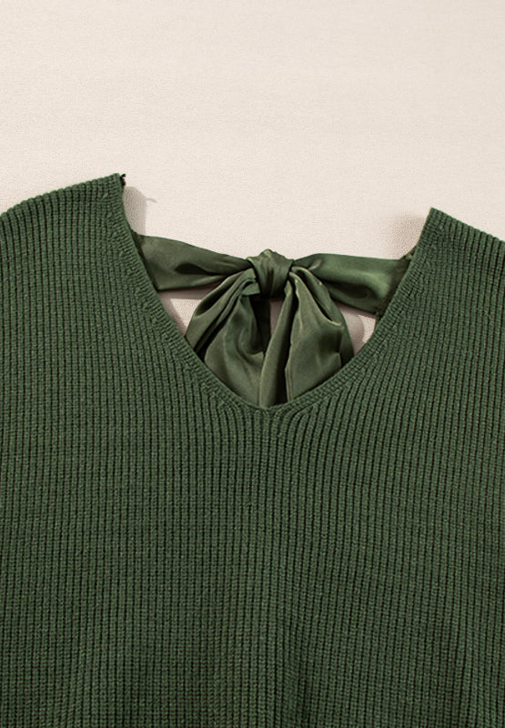 Bow-Tied Back V-Neck Knit Sweater