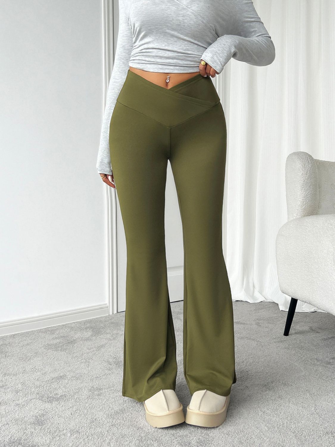 Stretch Cross-Waist Flare Pants