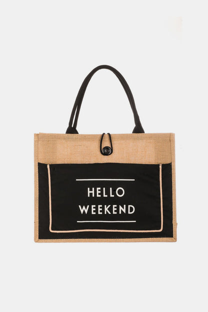 "Hello Weekend" Burlap Tote Bag with Outer Pocket