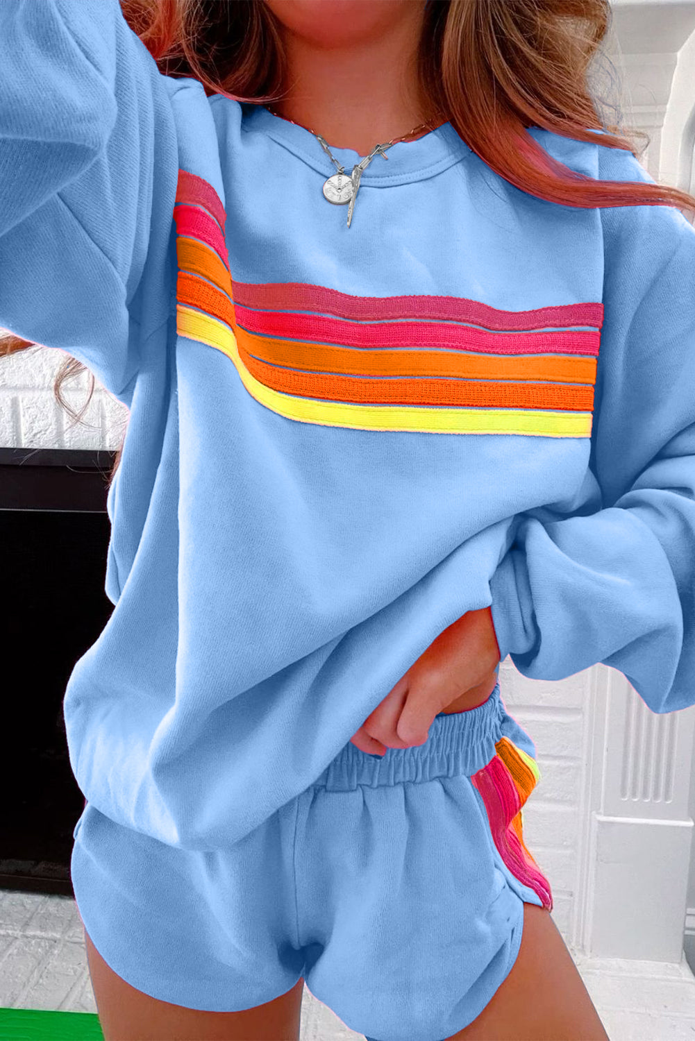 Striped Accent Pullover & Shorts Two-Piece Set