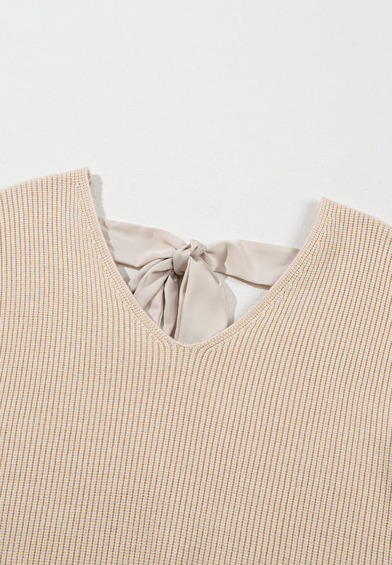 Bow-Tied Back V-Neck Knit Sweater