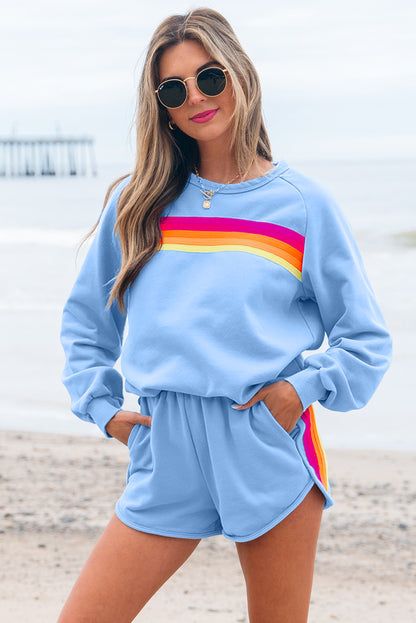 Striped Accent Pullover & Shorts Two-Piece Set