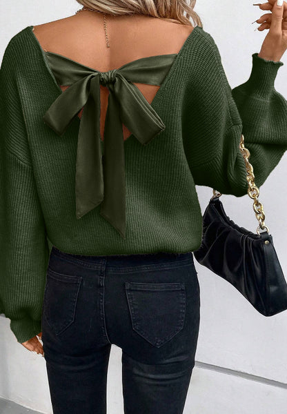 Bow-Tied Back V-Neck Knit Sweater