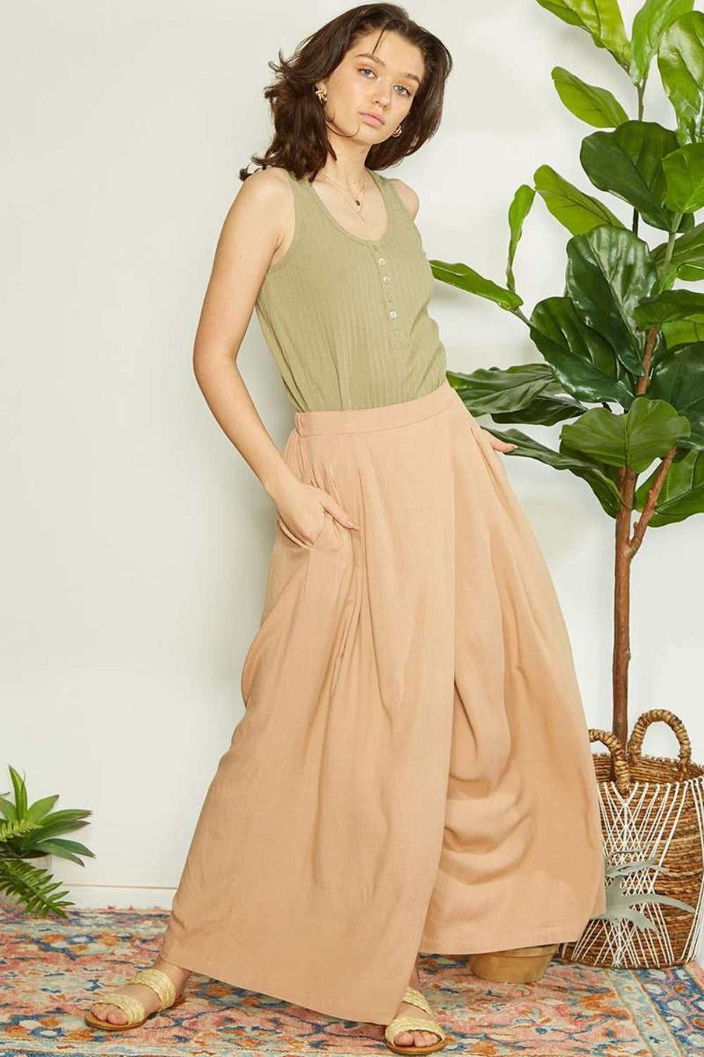 Wrap Pleating Detail Wide Leg Pants