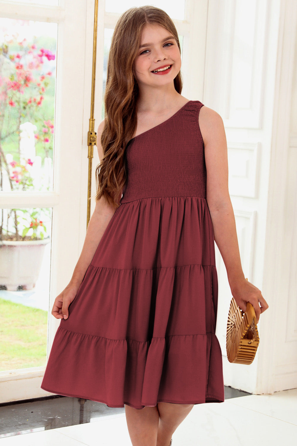 One-Shoulder Smocked Tiered Midi Dress for Girls