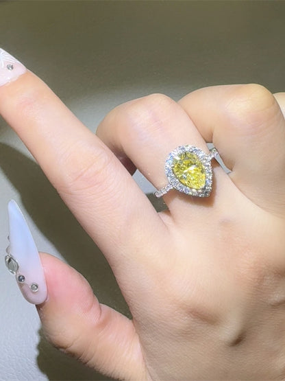 2 Carat Moissanite Platinum-Plated Sterling Silver Yellow Teardrop Halo Ring