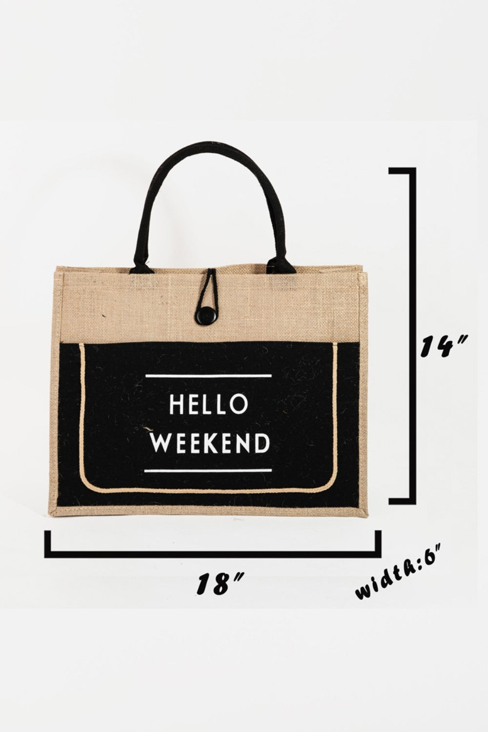 "Hello Weekend" Burlap Tote Bag with Outer Pocket